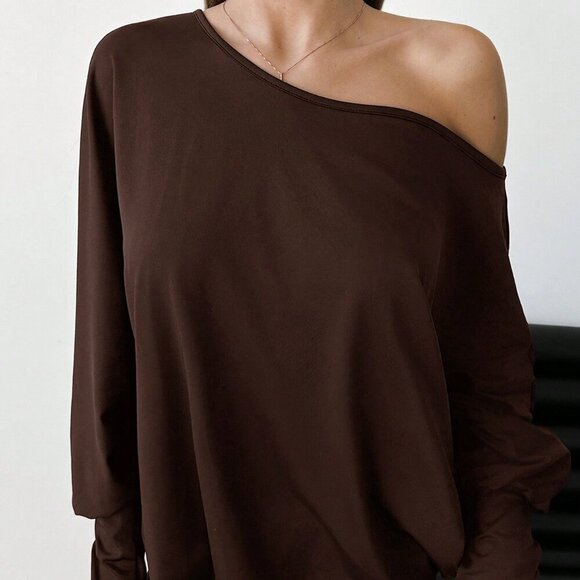 Brown Casual womens Asymmetric Shoulder Long Sleeve mini dress - Picture 7 of 8